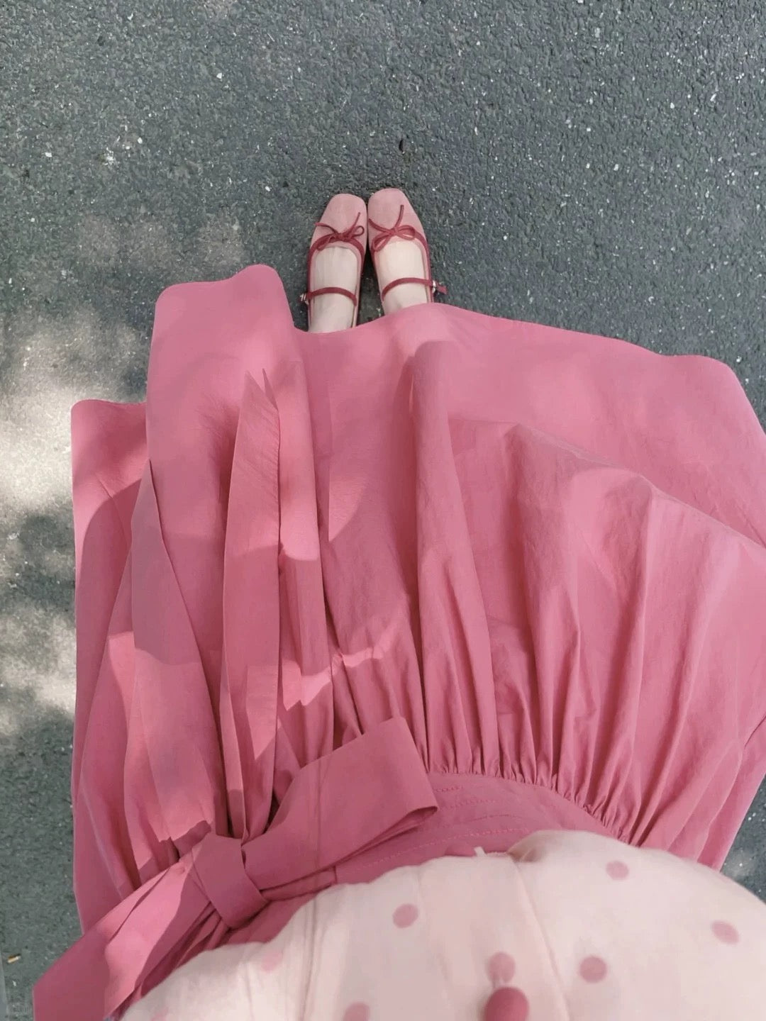 Polka Dot Bow Twofer Midi Dress (Pink)
