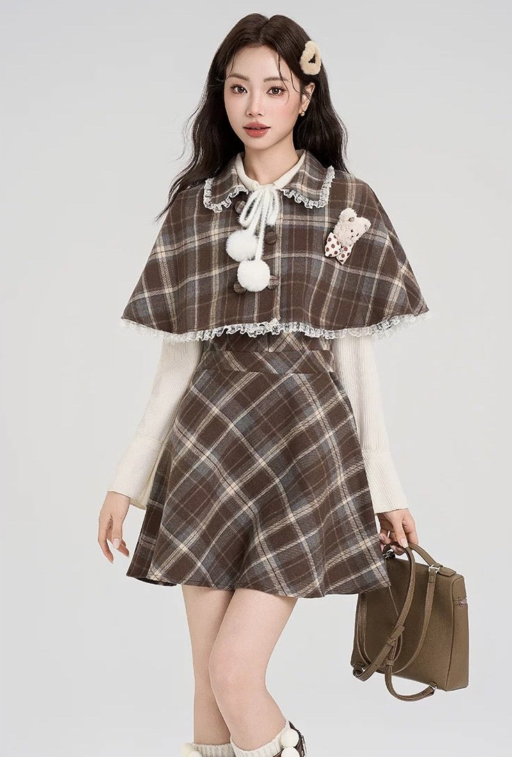 Walnut Plaid Twofer Mini Dress & Capelet Set (Brown)