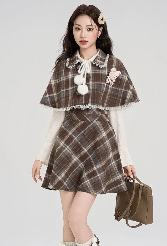 Walnut Plaid Twofer Mini Dress & Capelet Set (Brown)