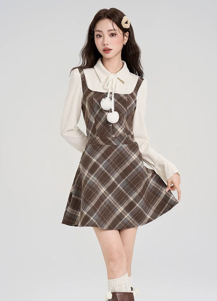 Walnut Plaid Twofer Mini Dress & Capelet Set (Brown)