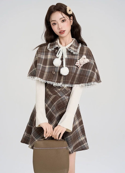 Walnut Plaid Twofer Mini Dress & Capelet Set (Brown)