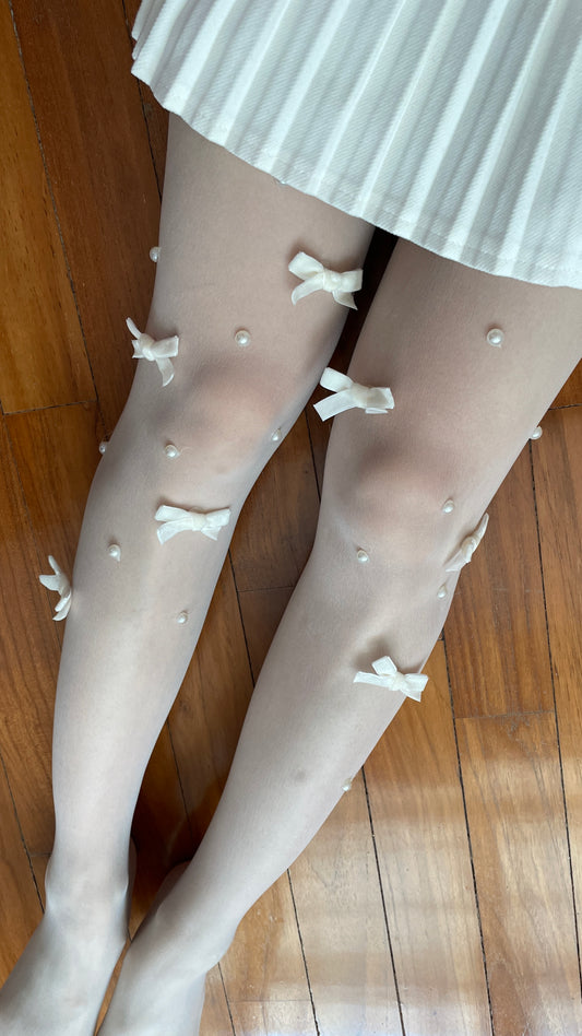 Bow & Pearl Sheer Tights (White)