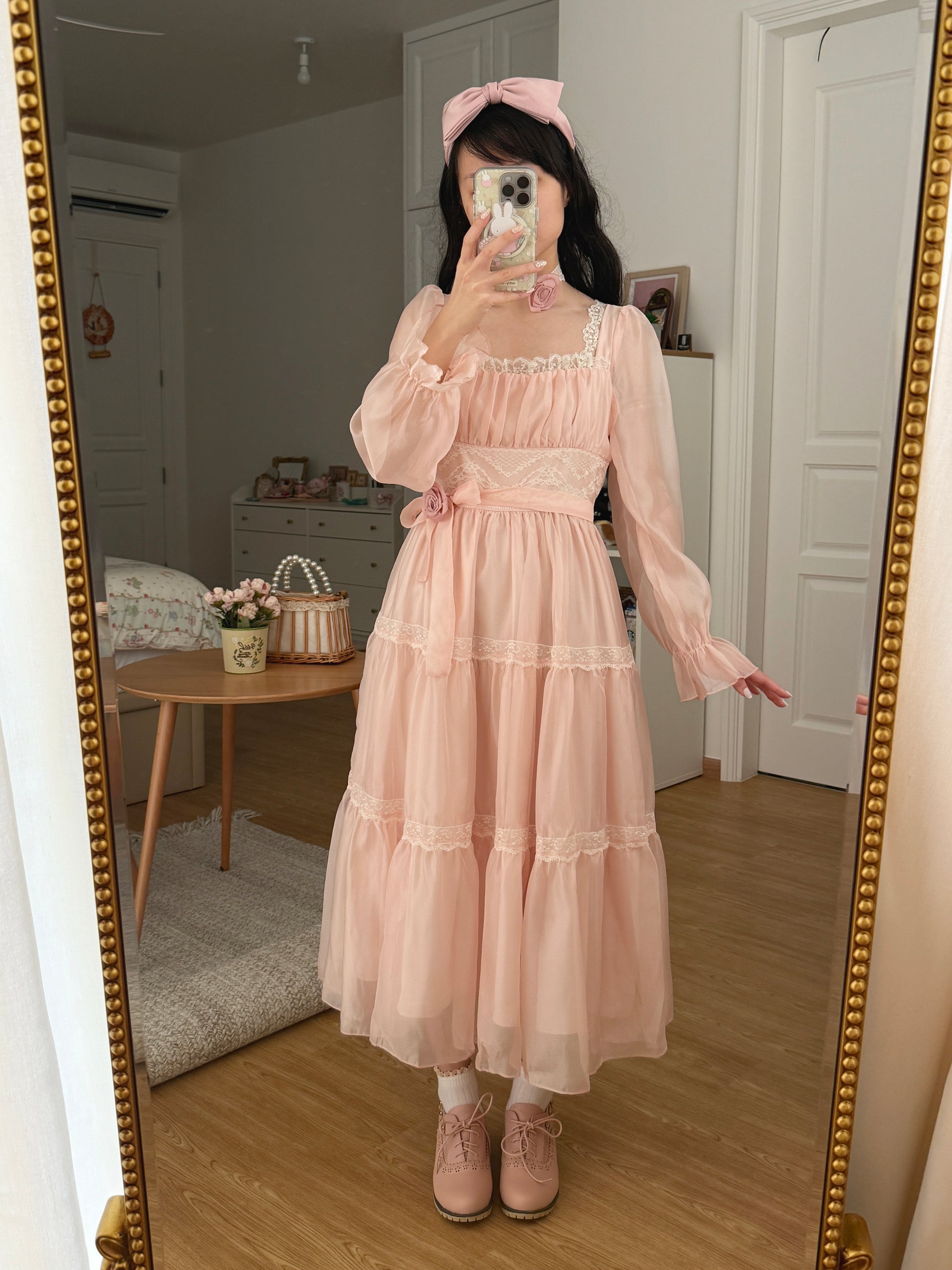 Rose Princess Organza Midi Dress (Pink) S
