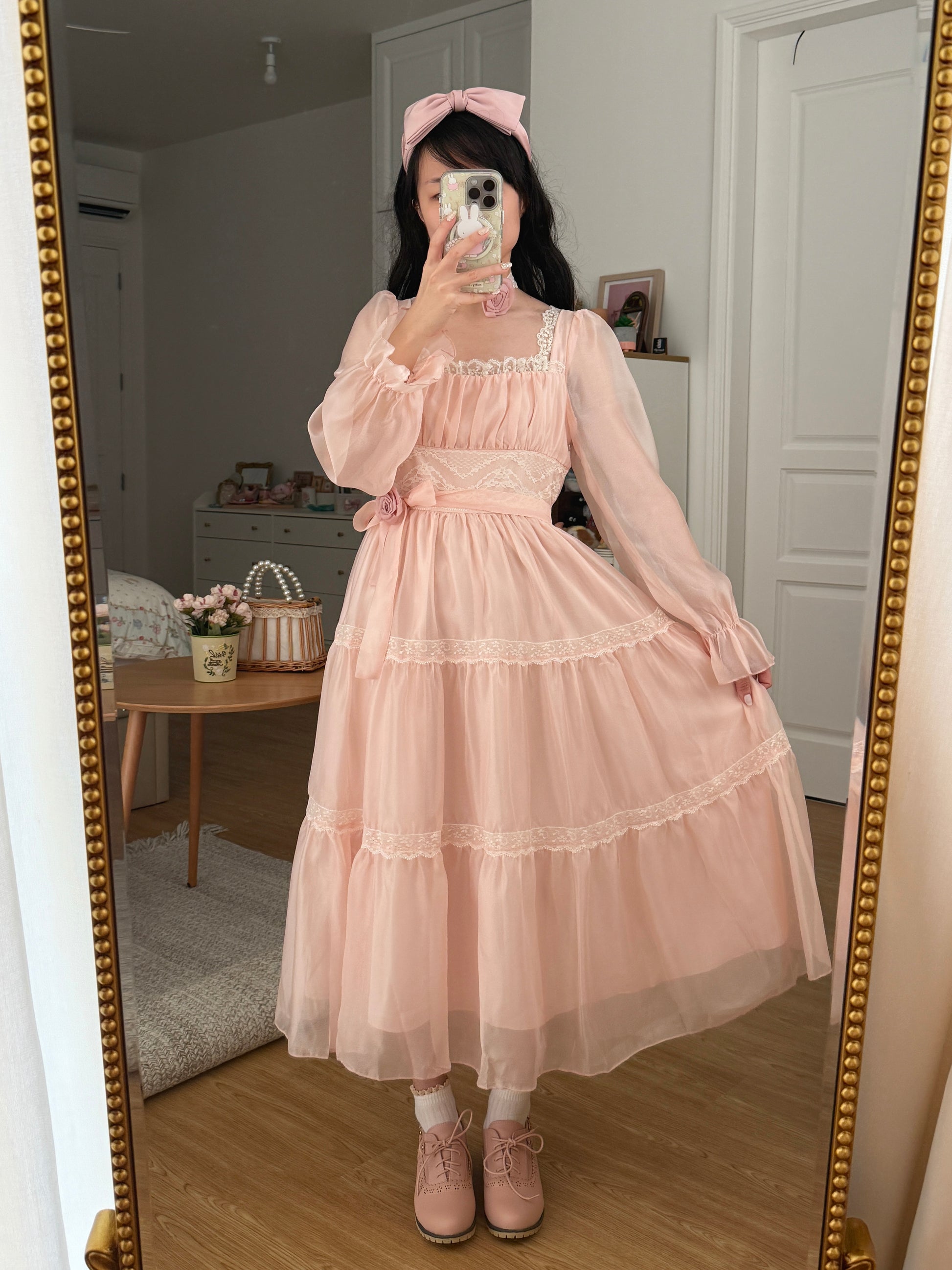 Rose Princess Organza Midi Dress (Pink) S