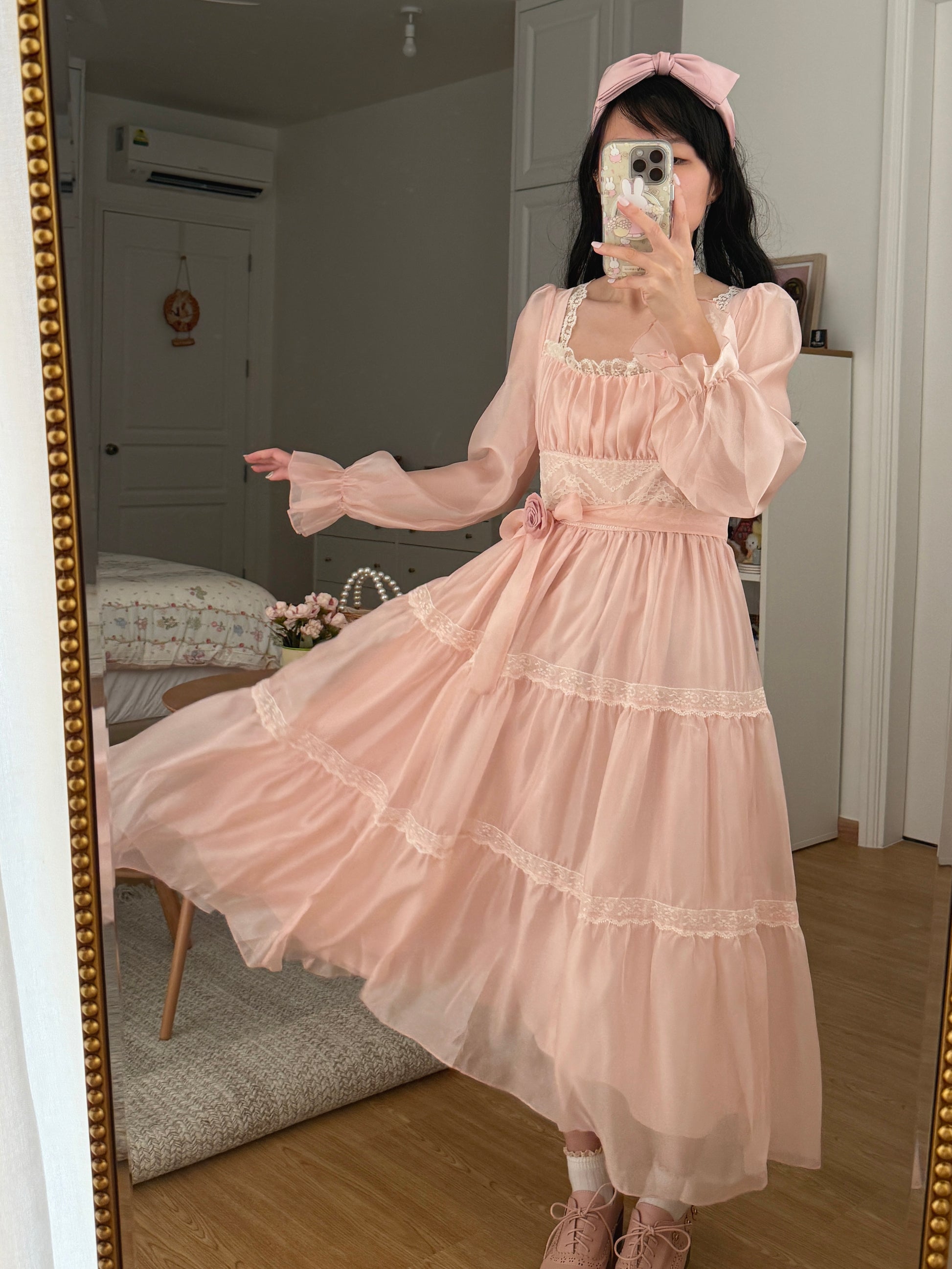 Rose Princess Organza Midi Dress (Pink) S