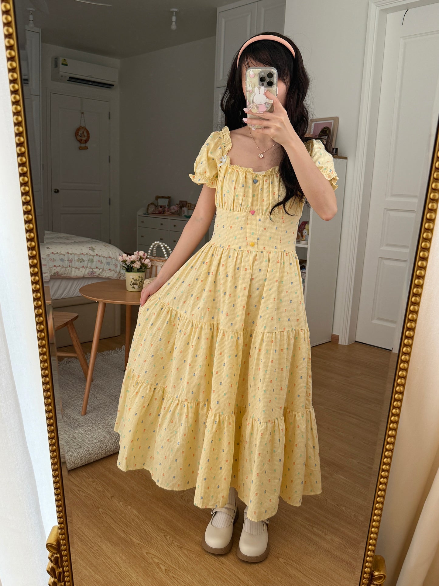 Gumdrop Gingham Puff Sleeve Midi Dress (Yellow)