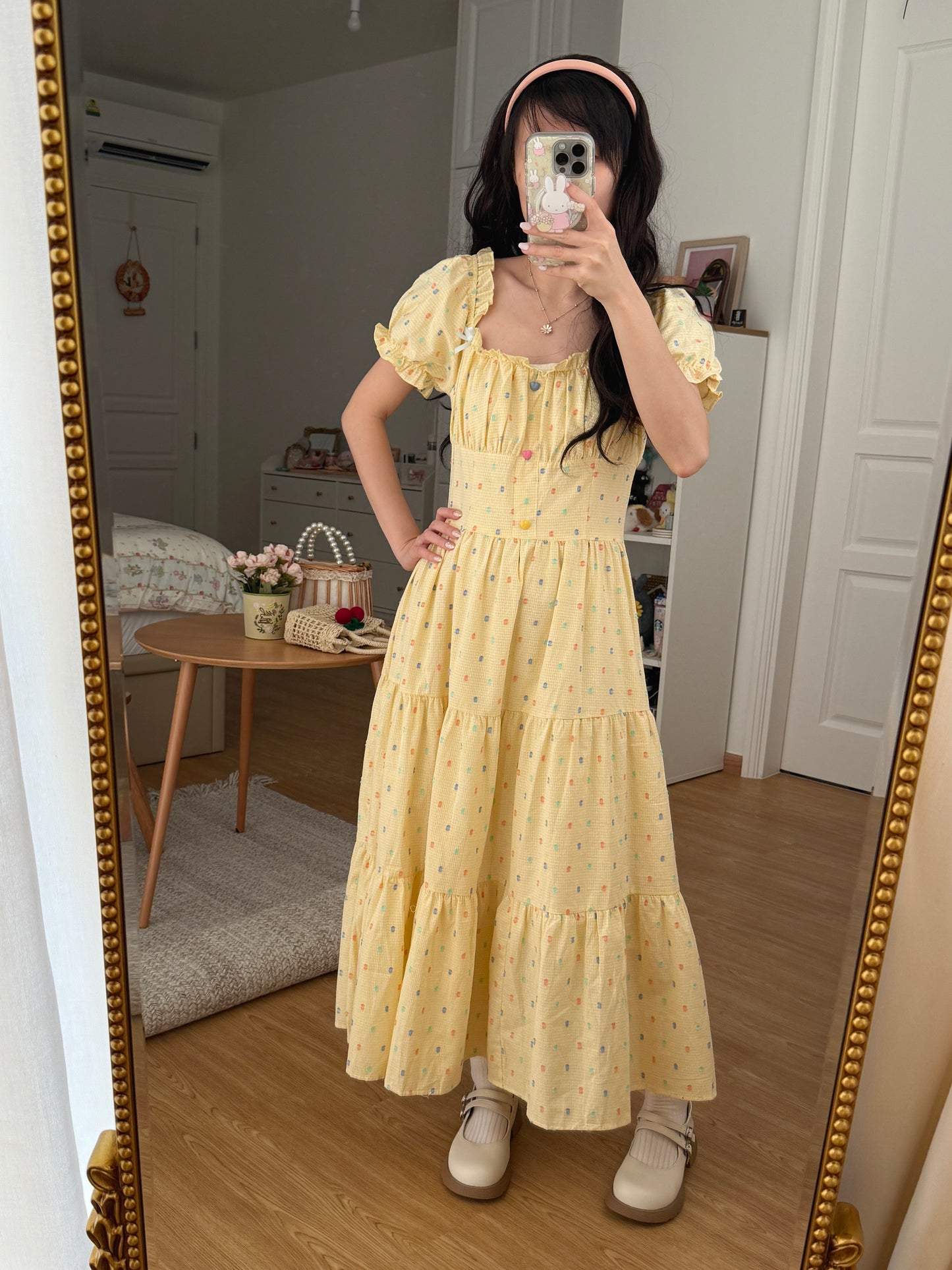 Gumdrop Gingham Puff Sleeve Midi Dress (Yellow)