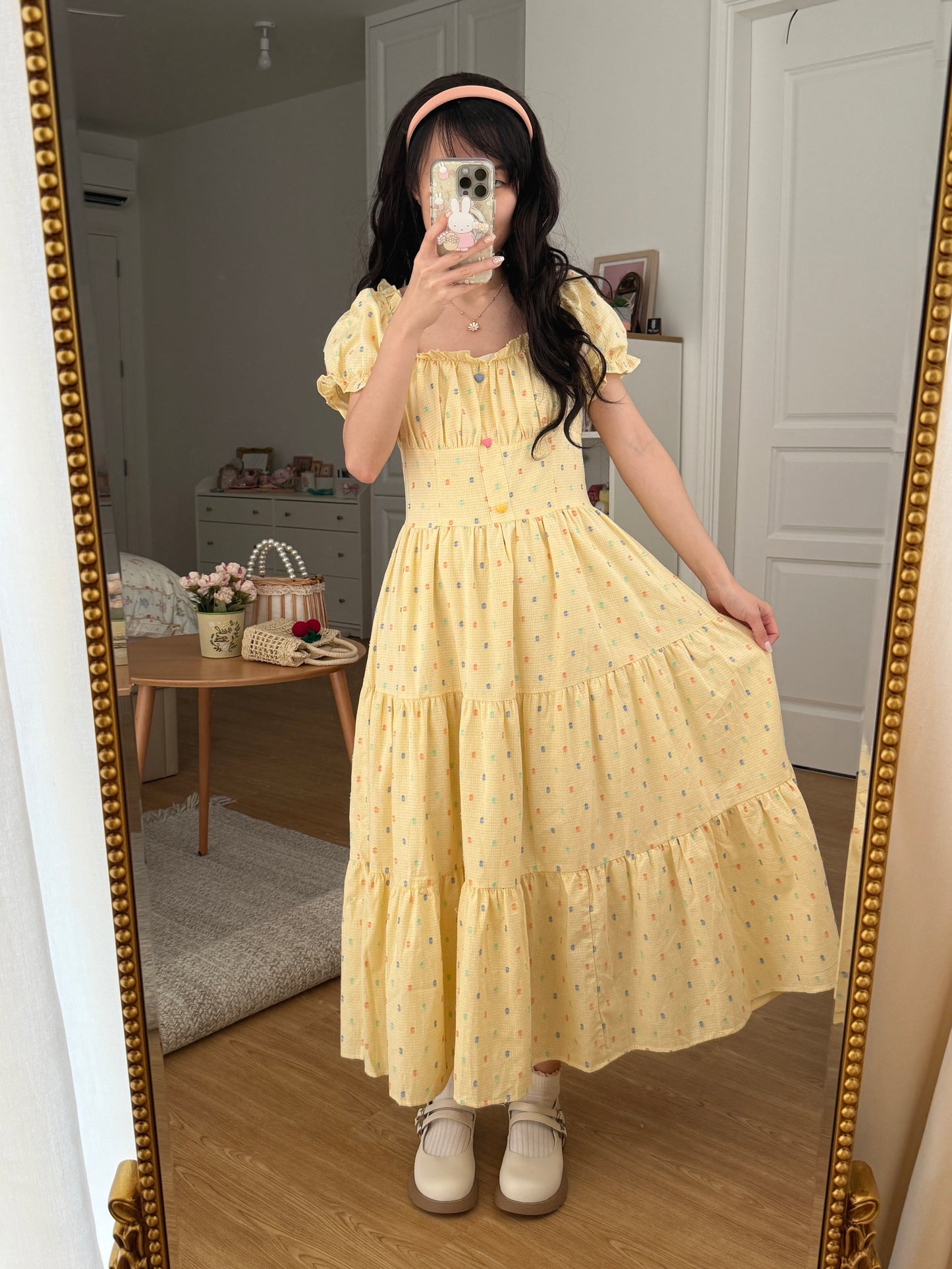 Gumdrop Gingham Puff Sleeve Midi Dress (Yellow)