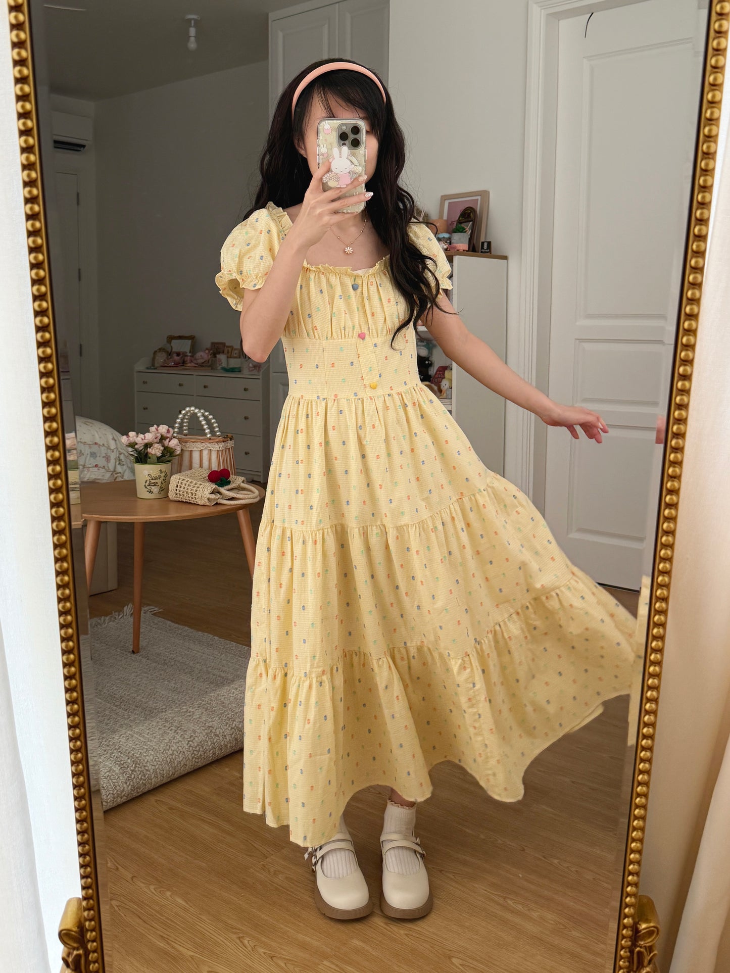 Gumdrop Gingham Puff Sleeve Midi Dress (Yellow)