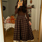 Lace Hem Plaid Midi Skirt (Brown)