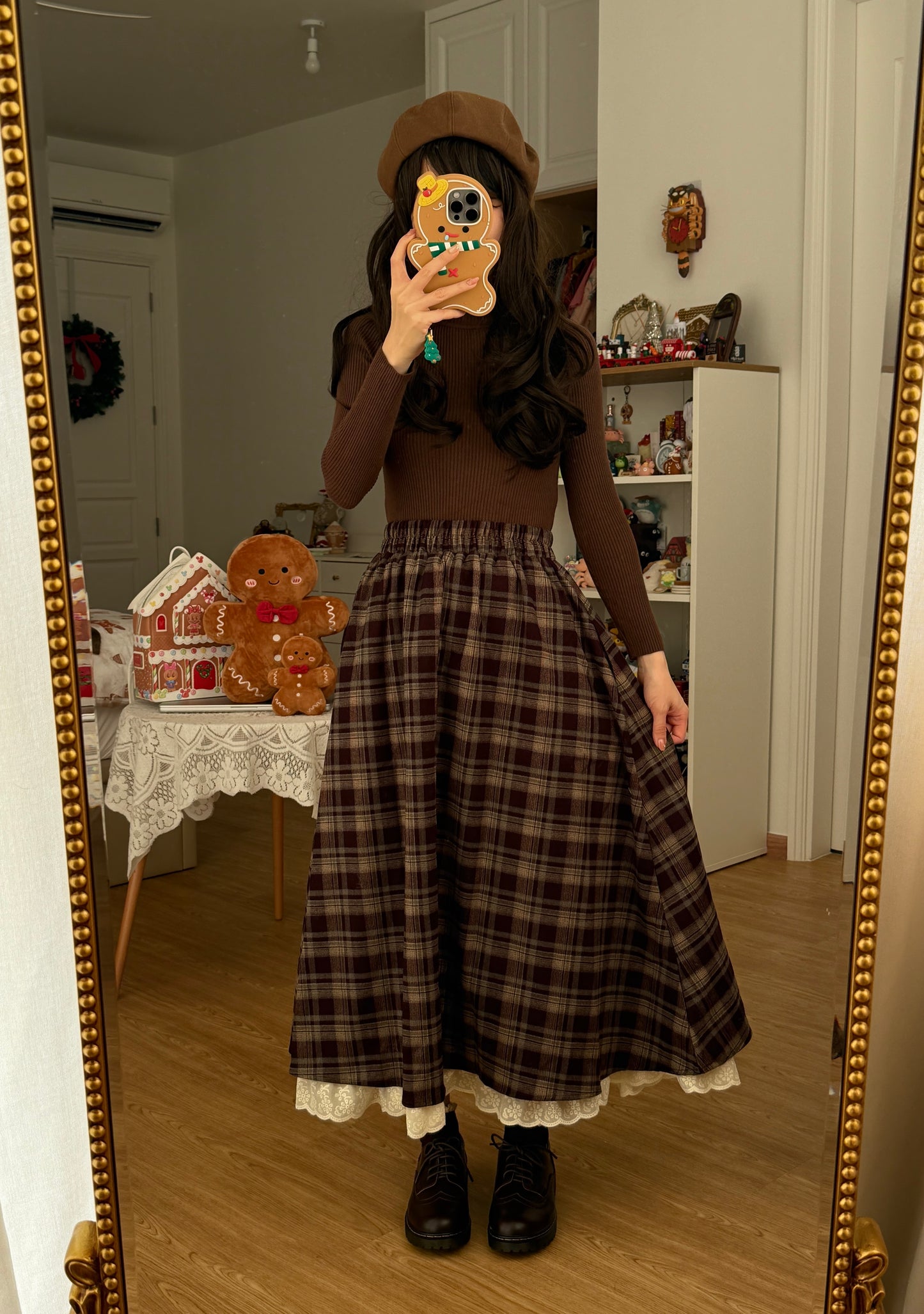 Lace Hem Plaid Midi Skirt (Brown)