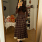 Lace Hem Plaid Midi Skirt (Brown)
