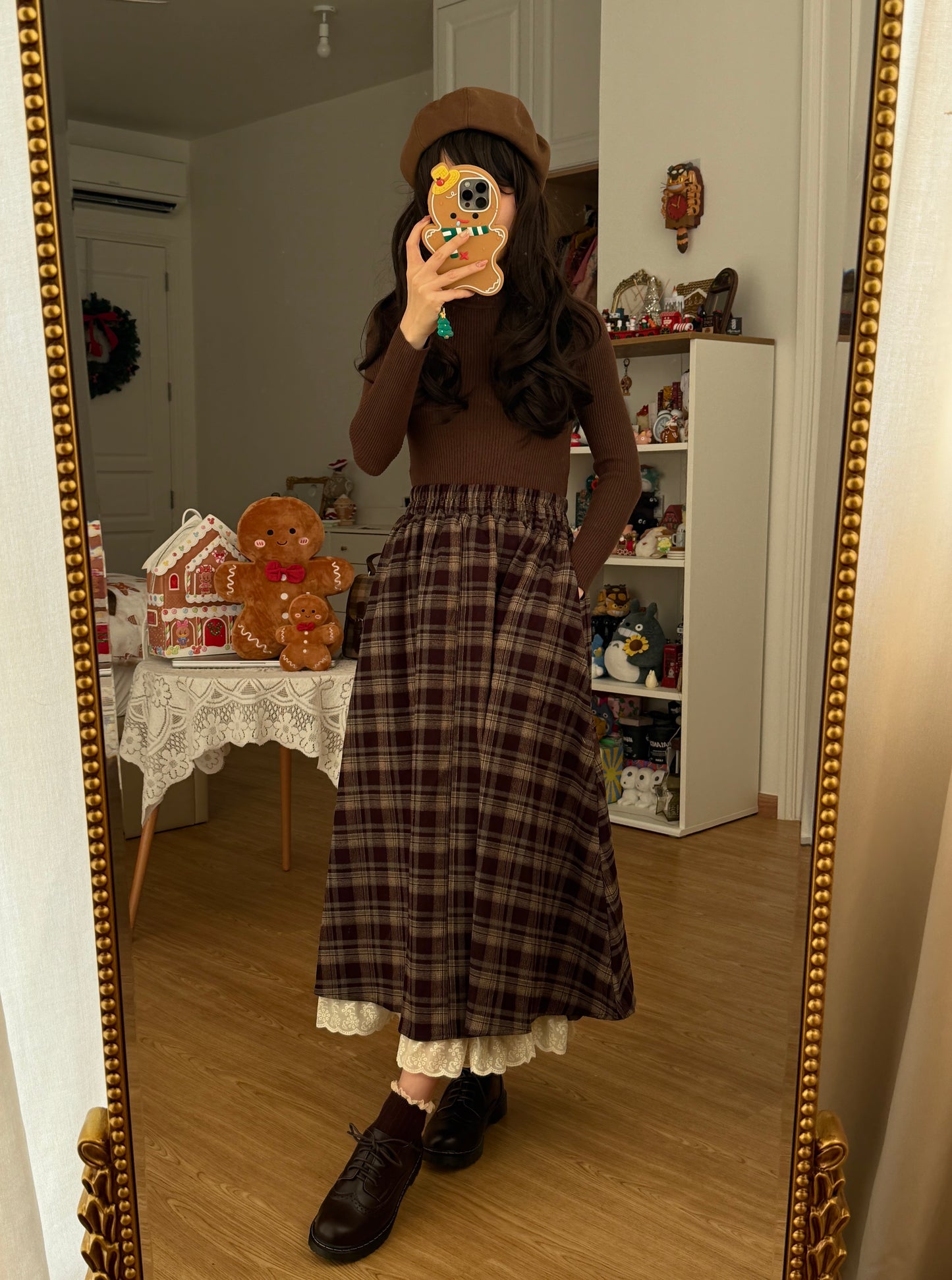Lace Hem Plaid Midi Skirt (Brown)