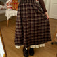 Lace Hem Plaid Midi Skirt (Brown)