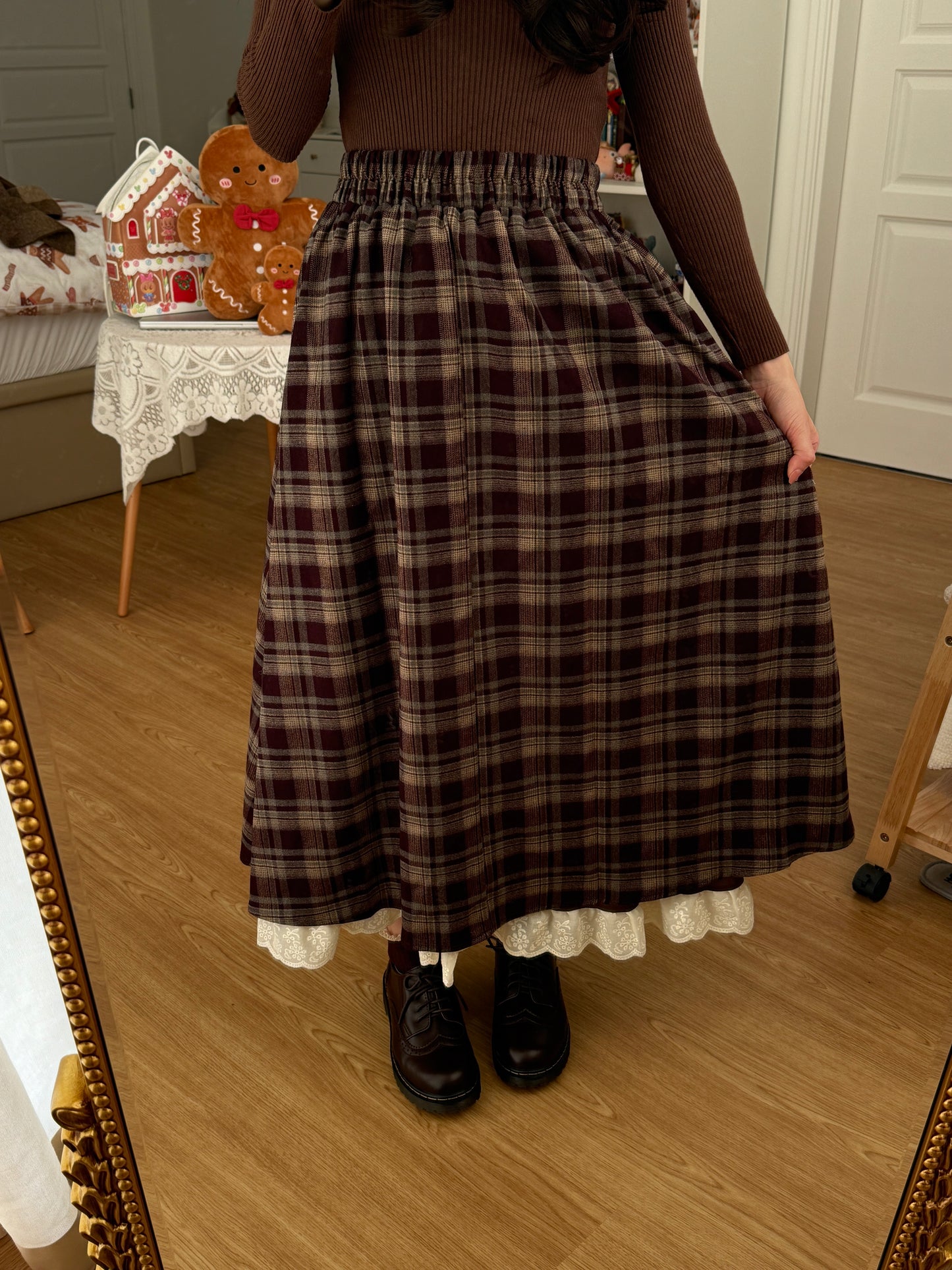 Lace Hem Plaid Midi Skirt (Brown)