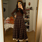 Lace Hem Plaid Midi Skirt (Brown)
