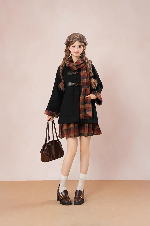 Bookshop Plaid Toggle Jacket & Skirt Set (Black)