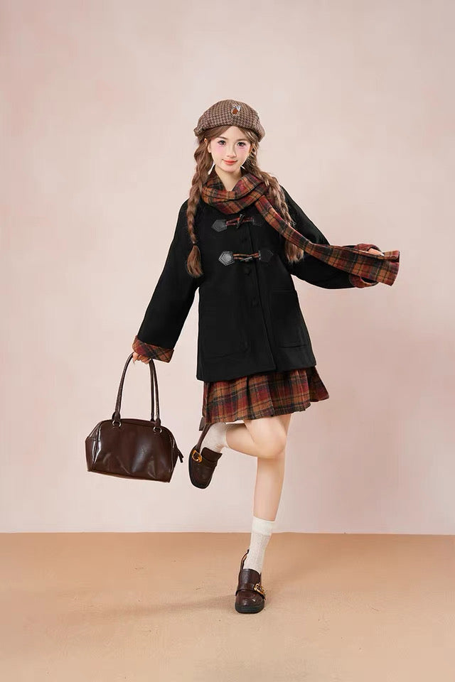 Bookshop Plaid Toggle Jacket & Skirt Set (Black)