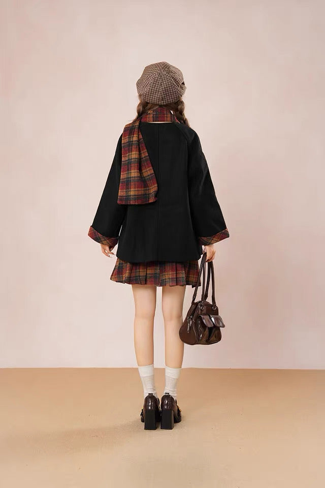 Bookshop Plaid Toggle Jacket & Skirt Set (Black)