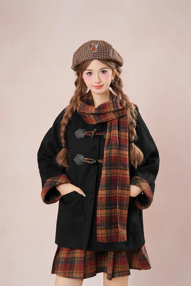 Bookshop Plaid Toggle Jacket & Skirt Set (Black)