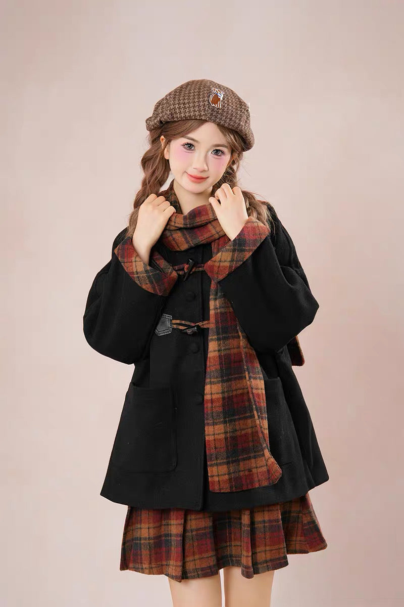 Bookshop Plaid Toggle Jacket & Skirt Set (Black)