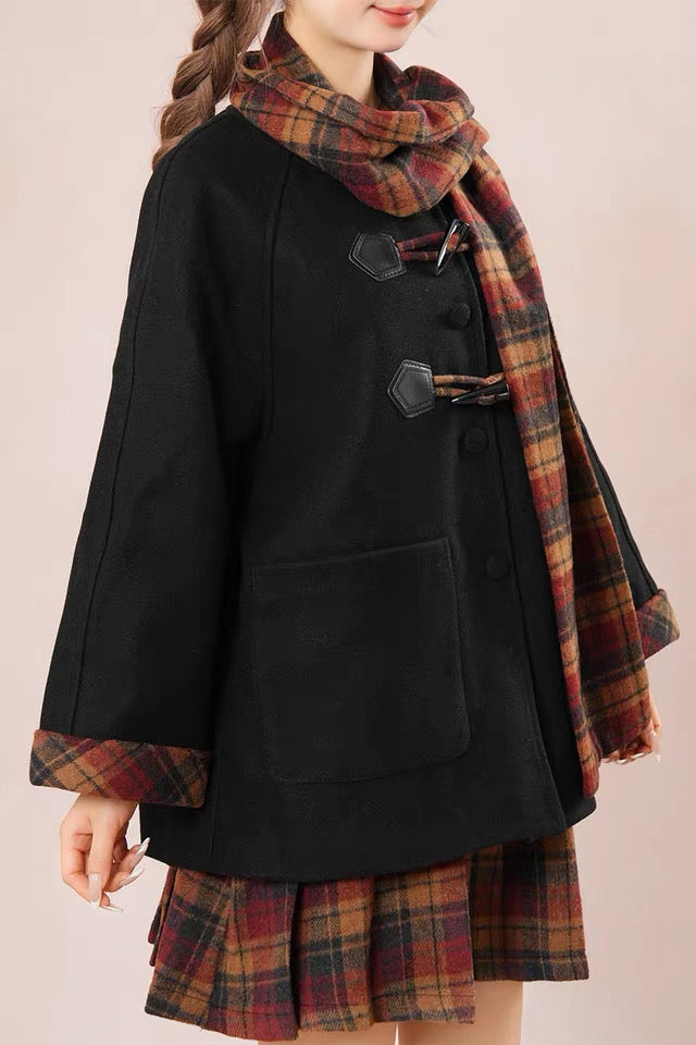 Bookshop Plaid Toggle Jacket & Skirt Set (Black)