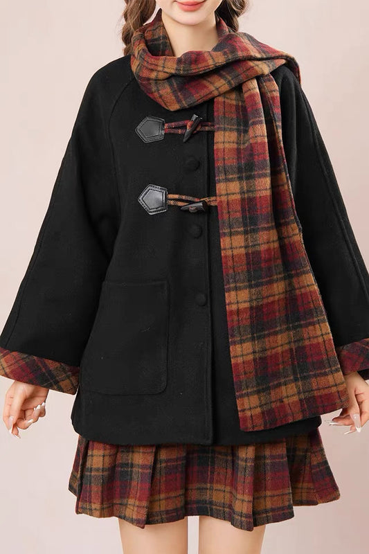 Bookshop Plaid Toggle Jacket & Skirt Set (Black)