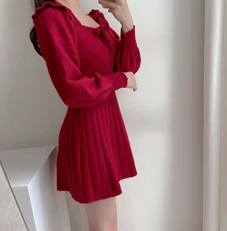 Ribbed Square Neck Mini Sweater Dress (Red)