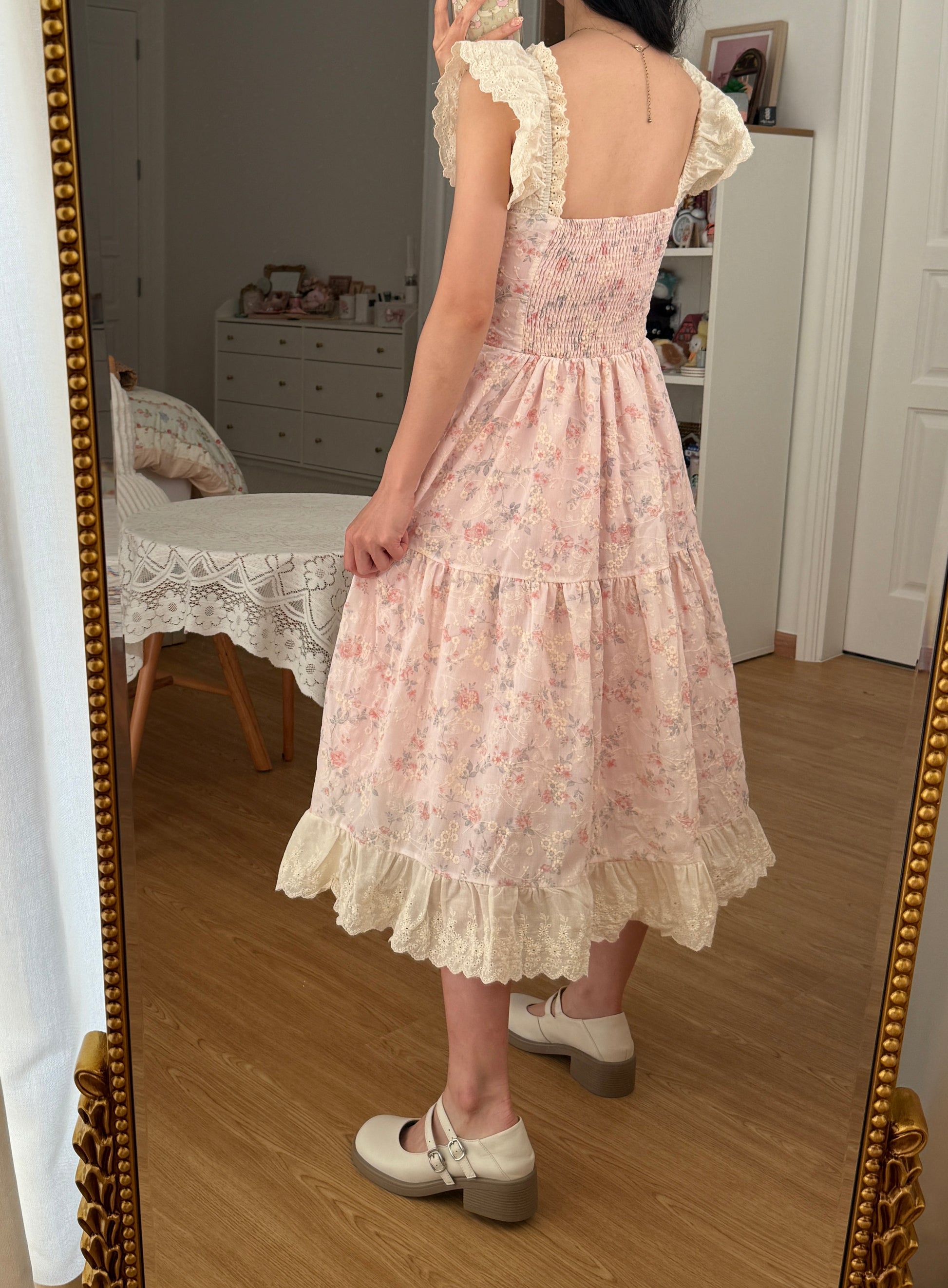 Floral Broderie Flutter Sleeve Midi Dress (Pink) XS Floral Broderie Flutter Sleeve Midi Dress (Pink) XS