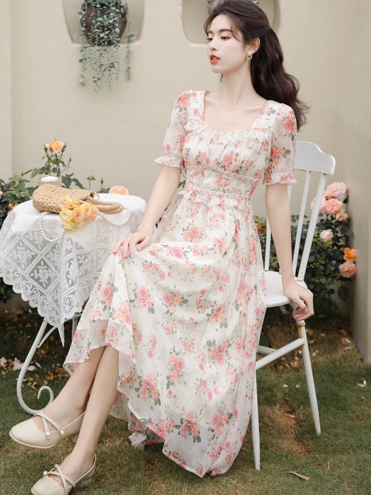 Peony Blush Midi Dress (Cream/Pink)