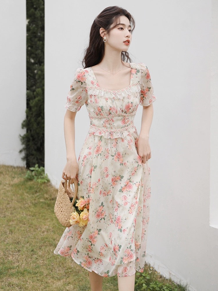 Peony Blush Midi Dress (Cream/Pink)