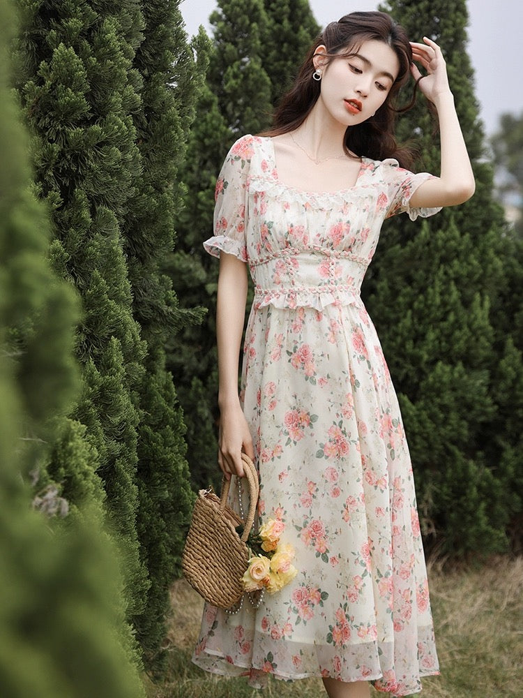 Peony Blush Midi Dress (Cream/Pink)