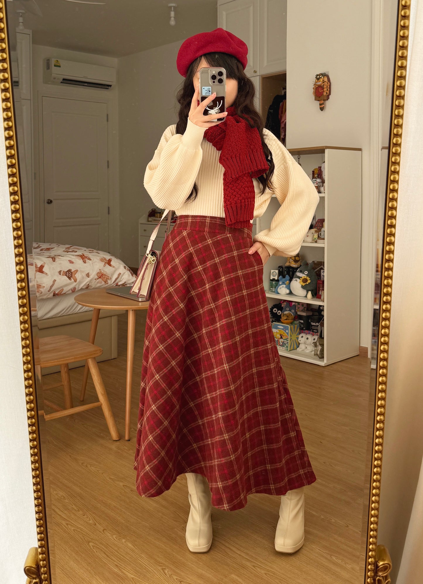 Biscuit Plaid Midi Skirt (Red)