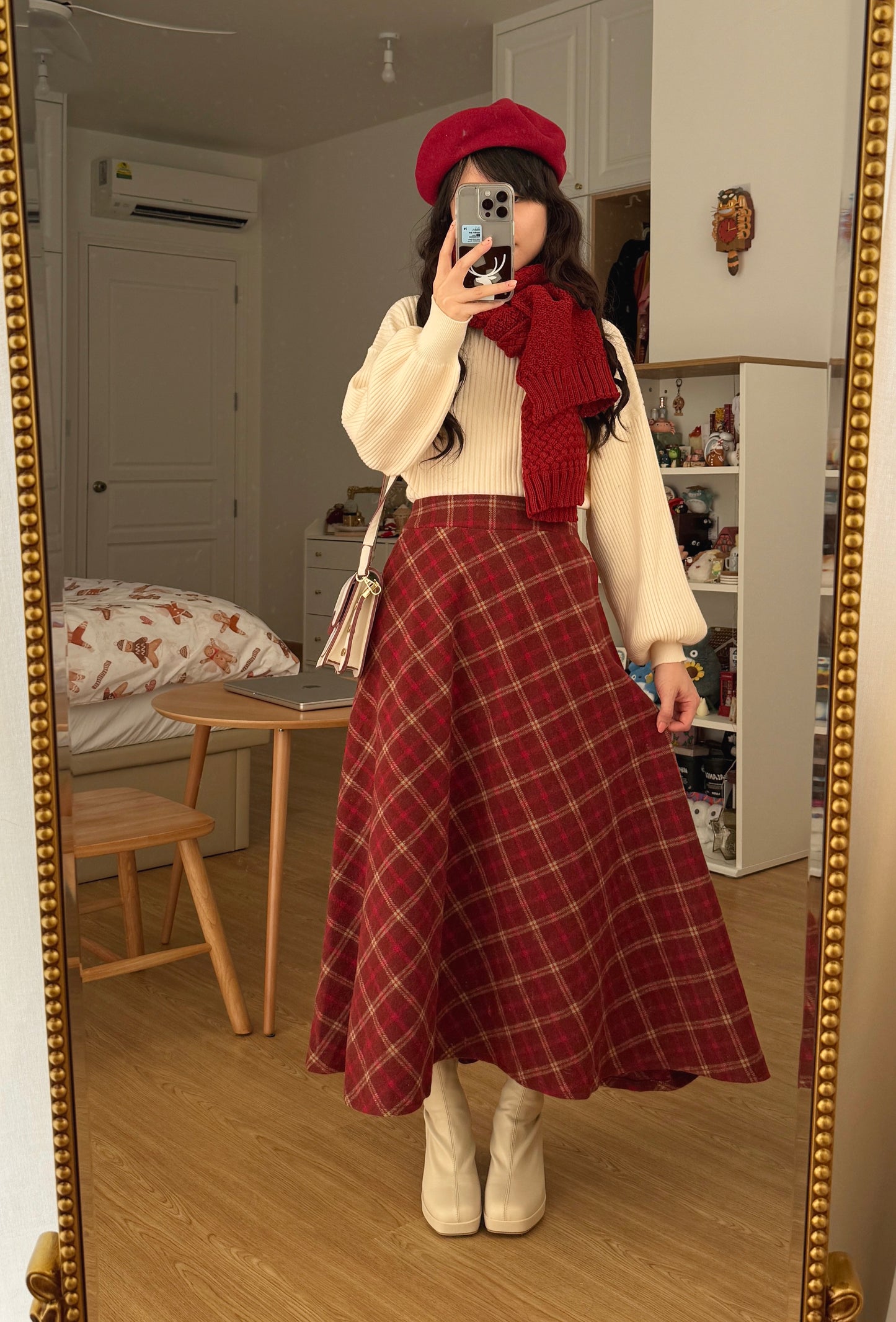 Biscuit Plaid Midi Skirt (Red)