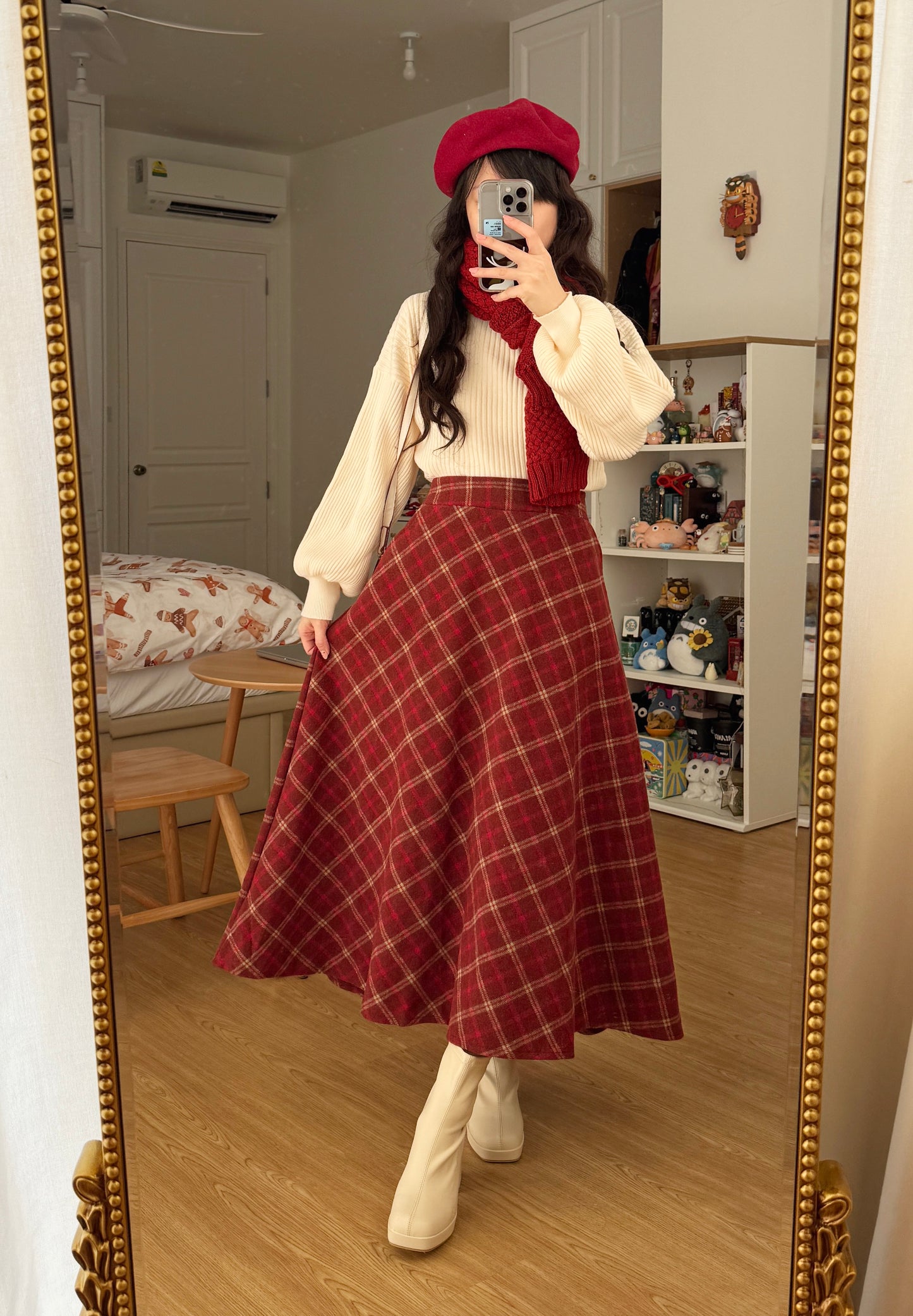 Biscuit Plaid Midi Skirt (Red)