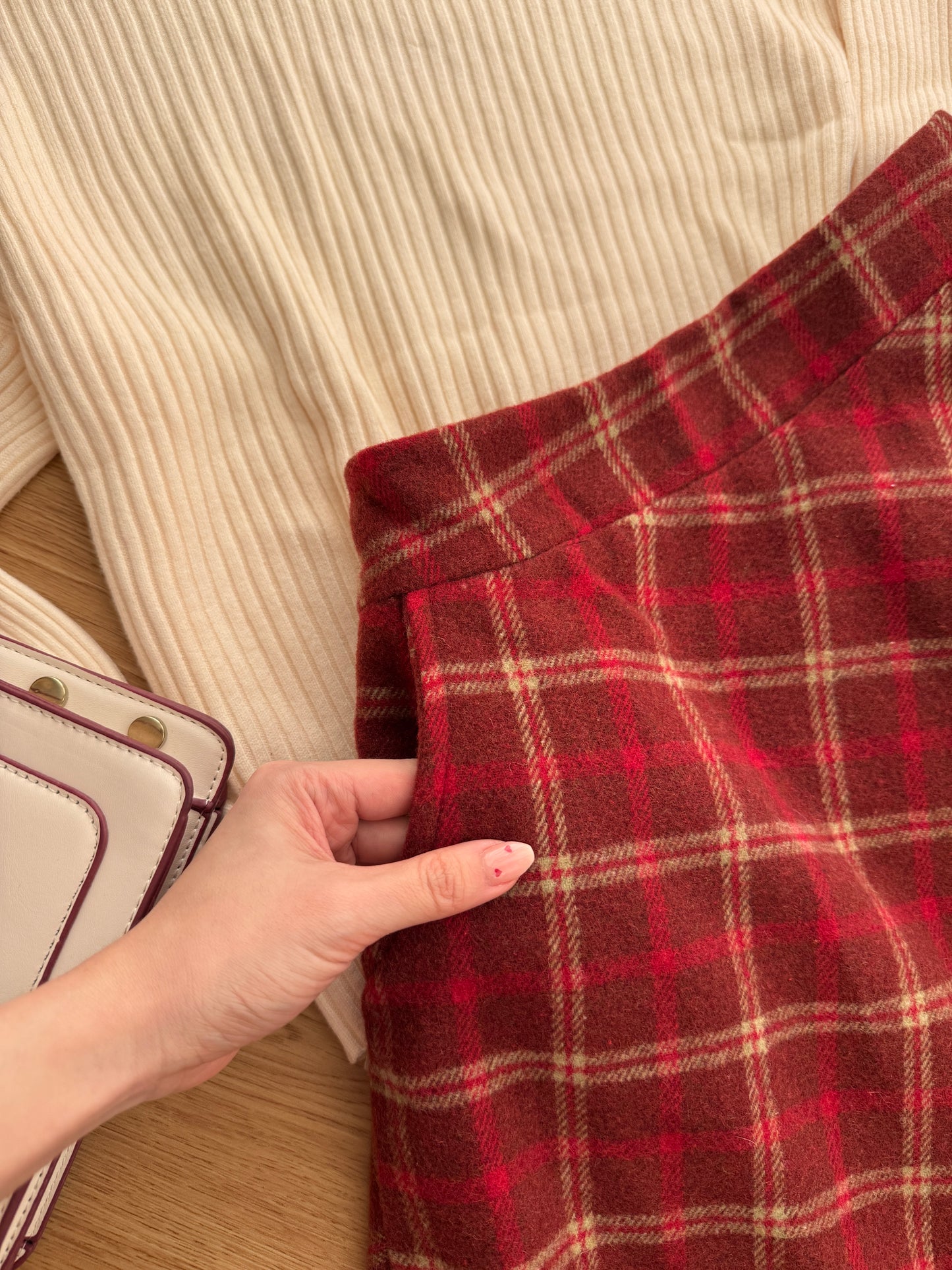 Biscuit Plaid Midi Skirt (Red)