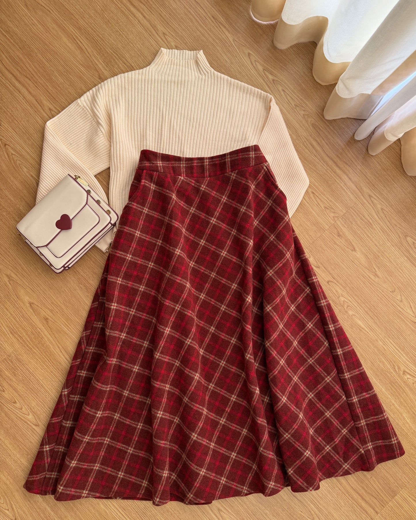 Biscuit Plaid Midi Skirt (Red)