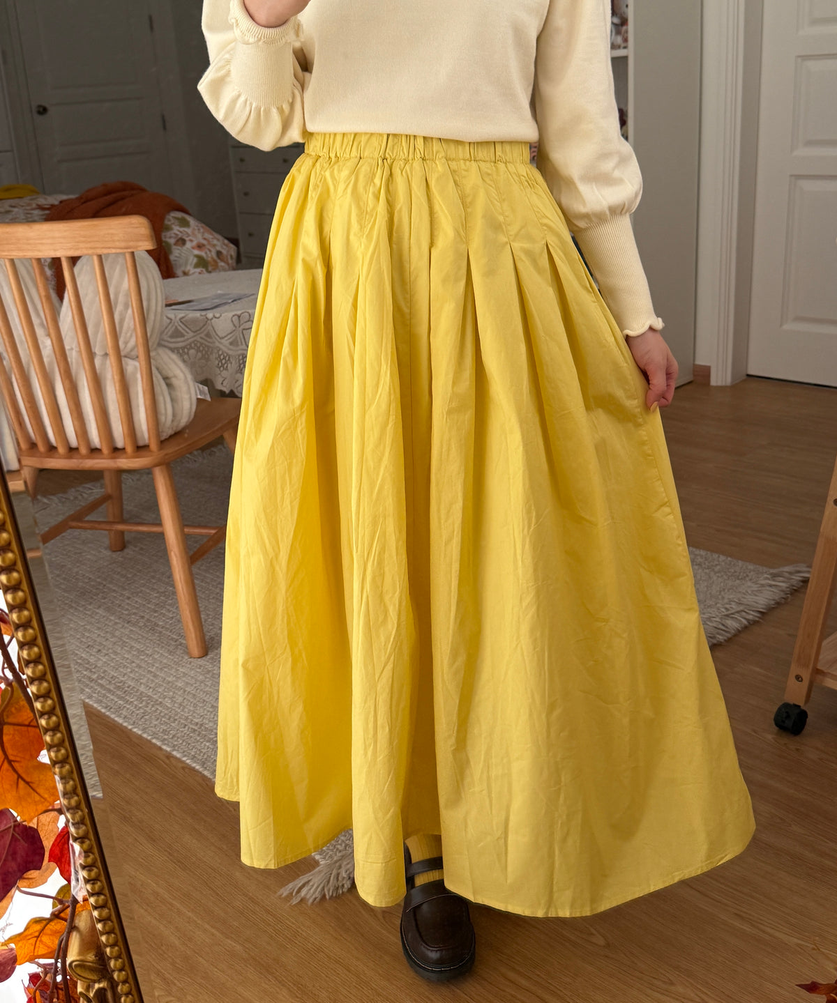 Sunshine Pleated Flare Midi Skirt (Yellow)