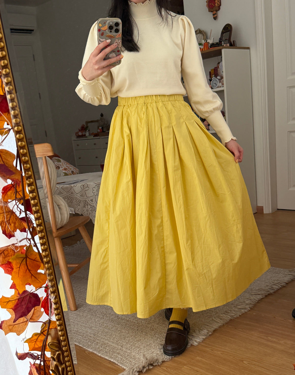 Sunshine Pleated Flare Midi Skirt (Yellow)