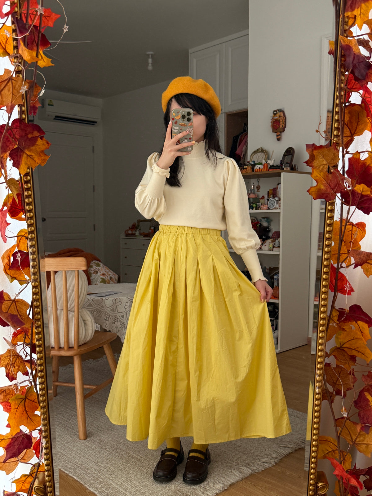 Sunshine Pleated Flare Midi Skirt (Yellow)