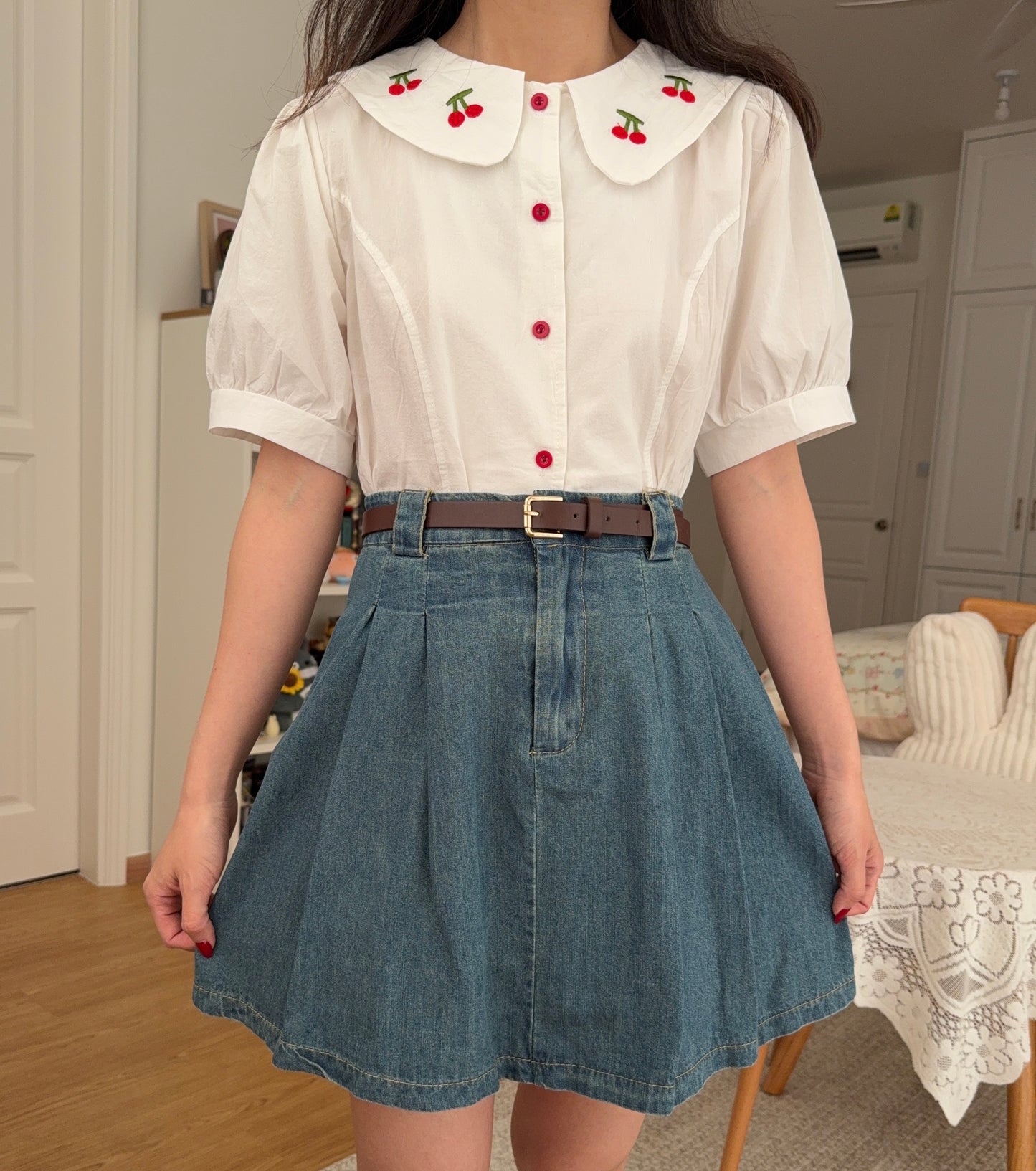Double Cherry Cropped Blouse (White)