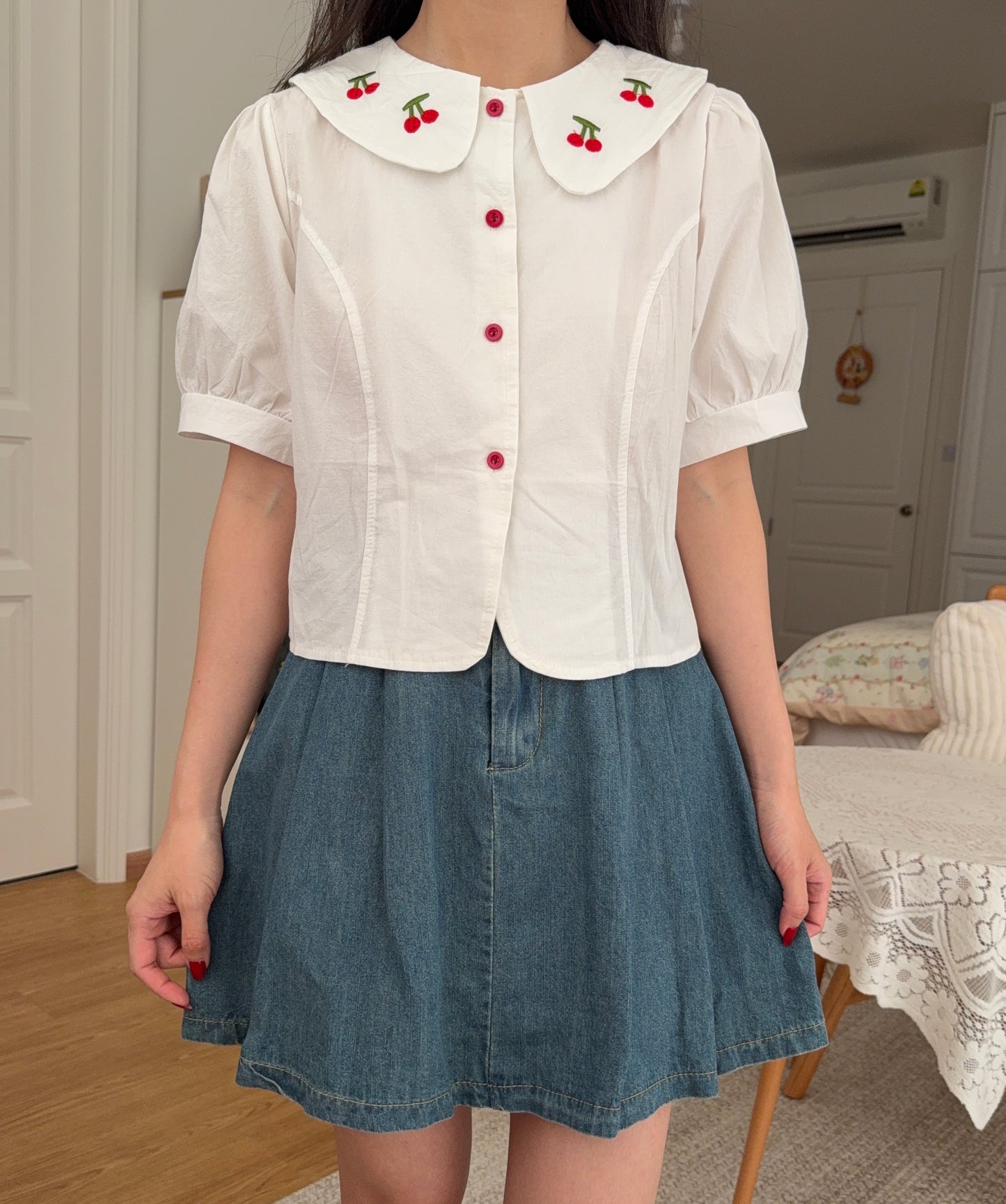 Double Cherry Cropped Blouse (White)