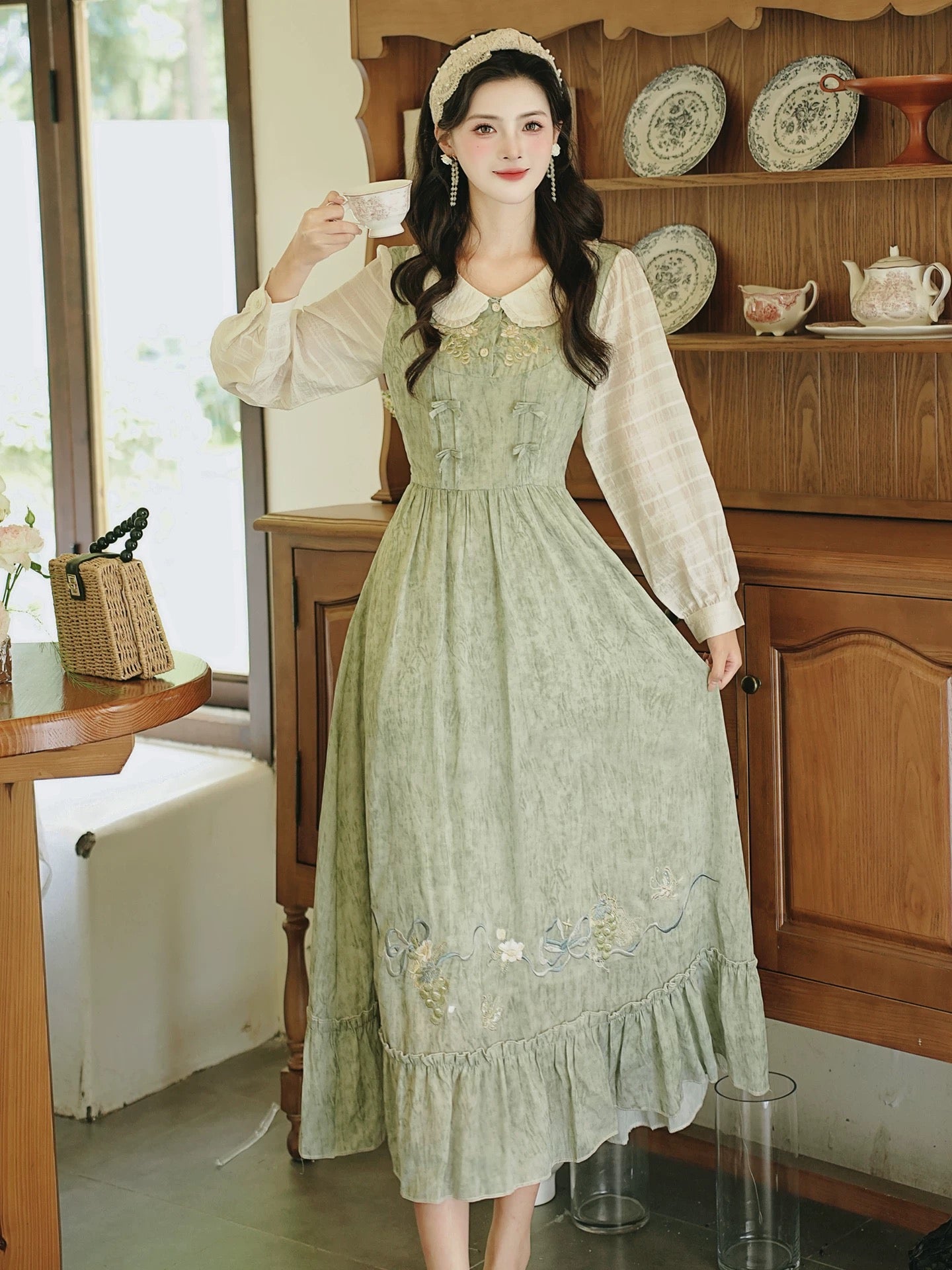 Grapevine Twofer Midi Dress (Green)