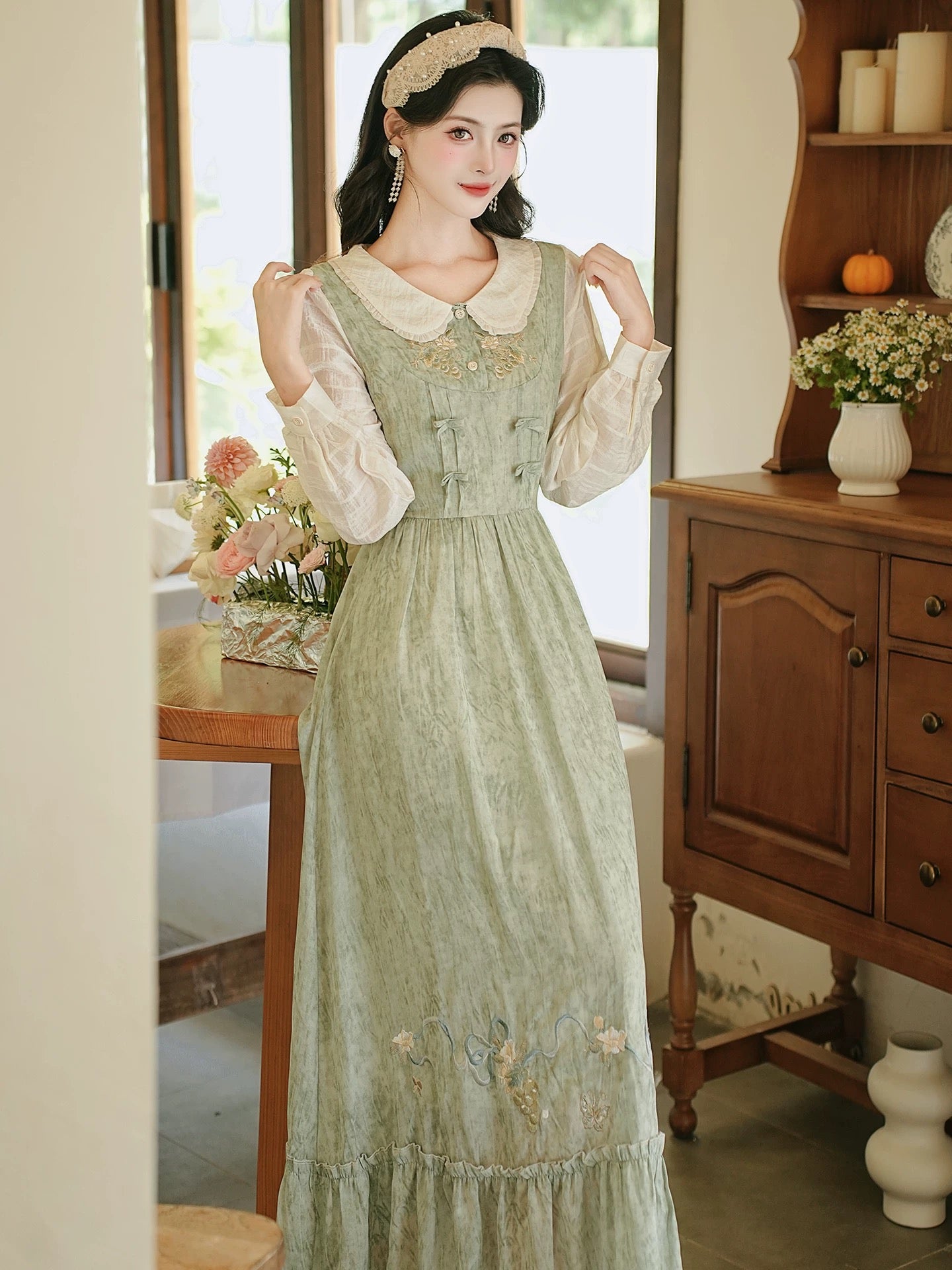 Grapevine Twofer Midi Dress (Green)