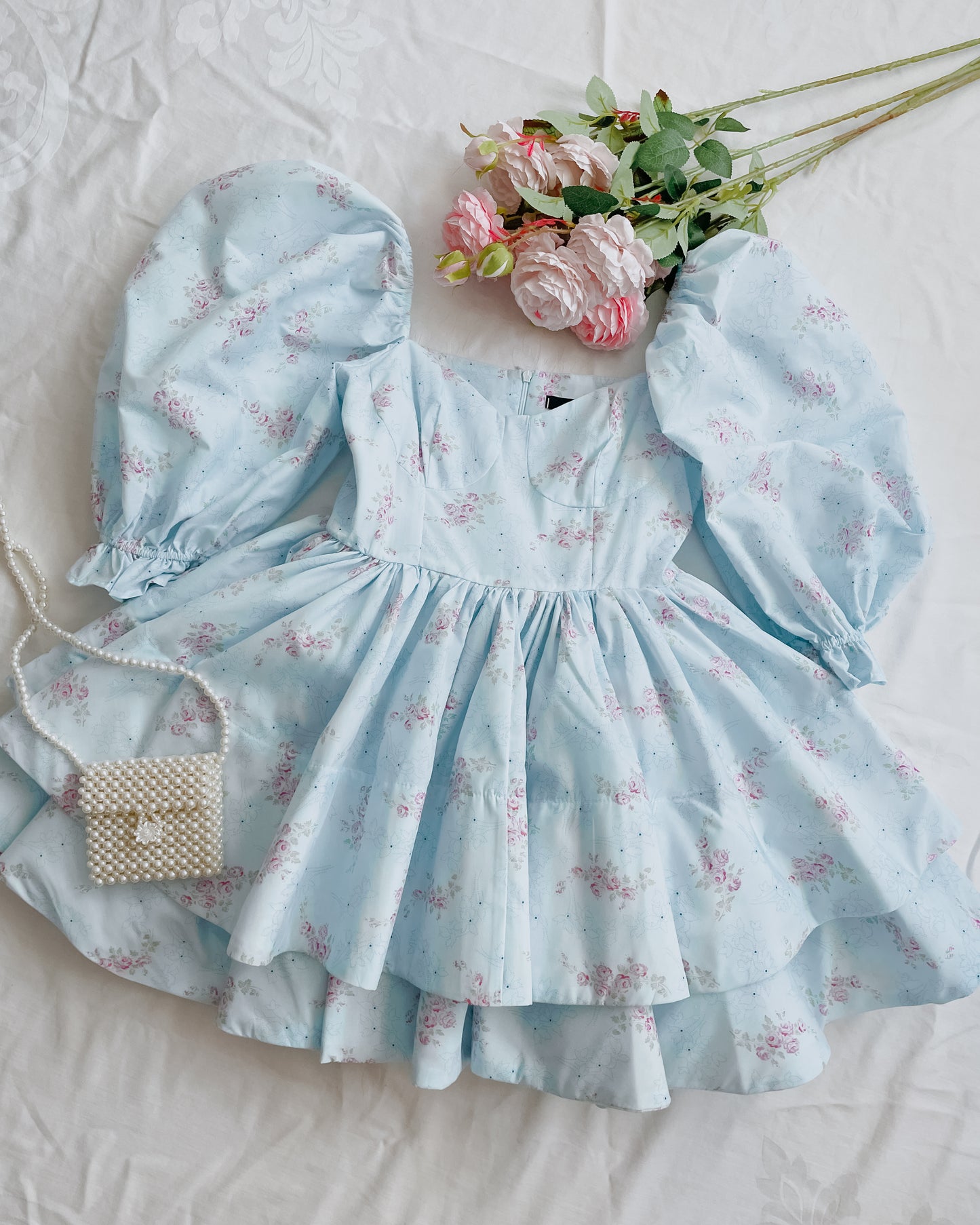 Garden Rose Puff Mini Twirl Dress (Blue)