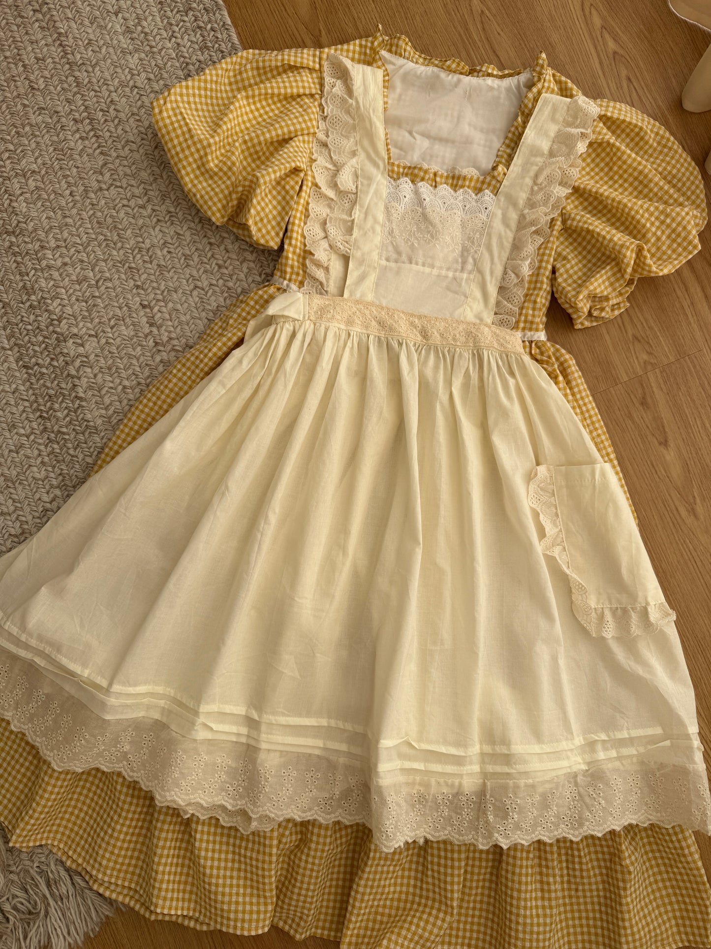 Gingham Cottage Puff Sleeve Midi Dress & Apron Set (Yellow)