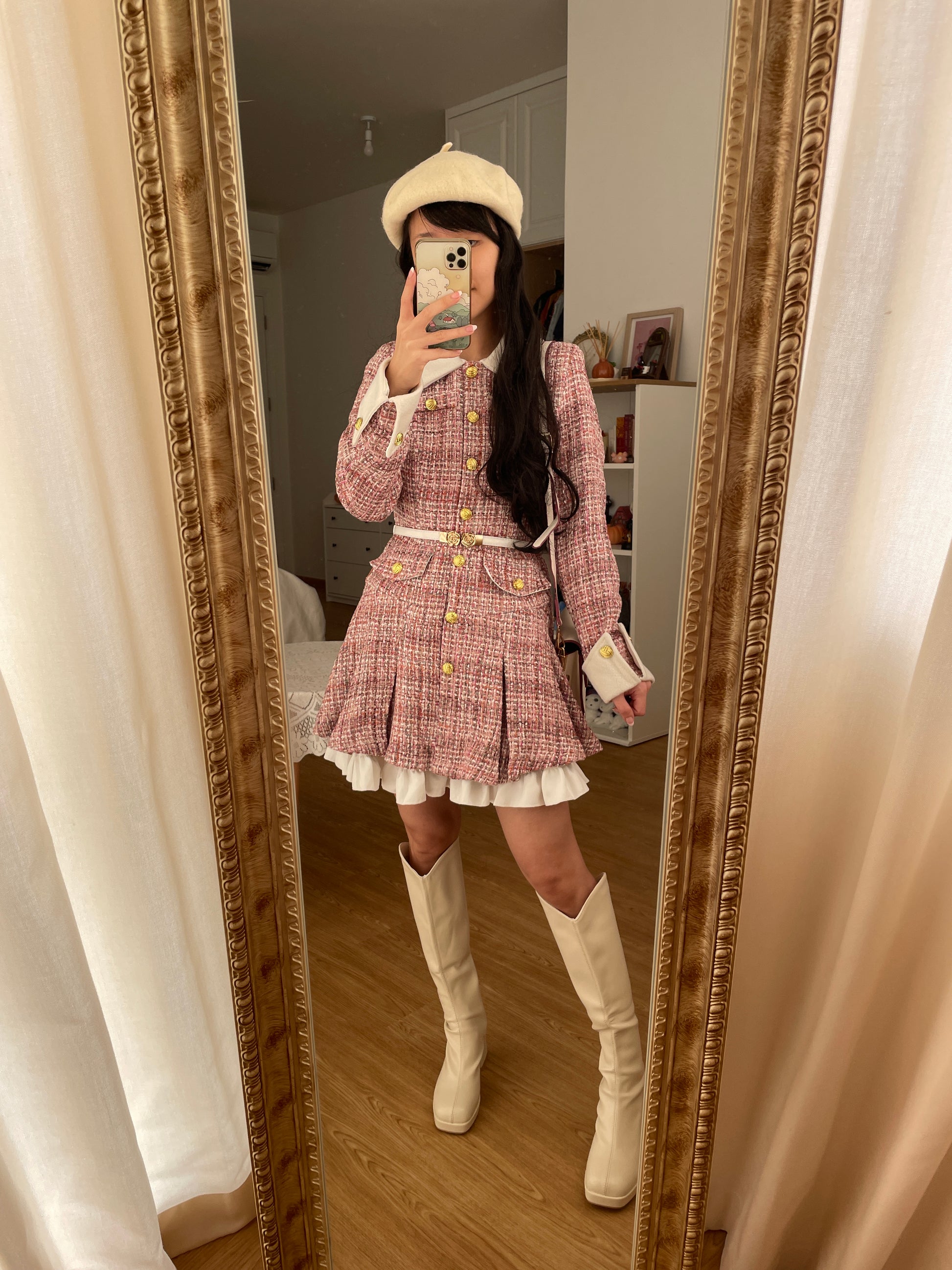 pink plaid dress High-end Pink plaid checkered strapless Cotton Bandeau Swing full Dres