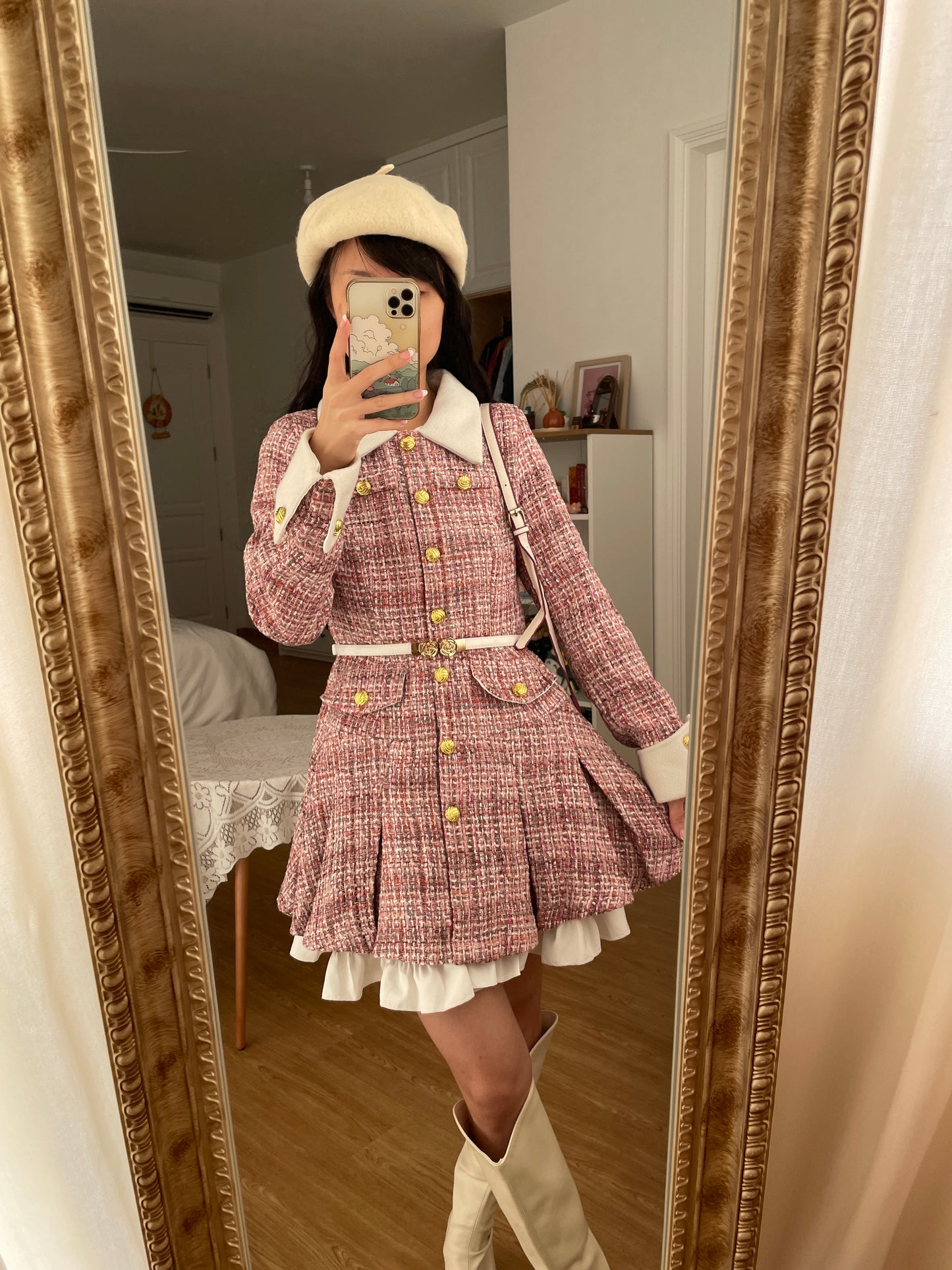 Flirty Plaid Tweed Mini Dress (Pink)