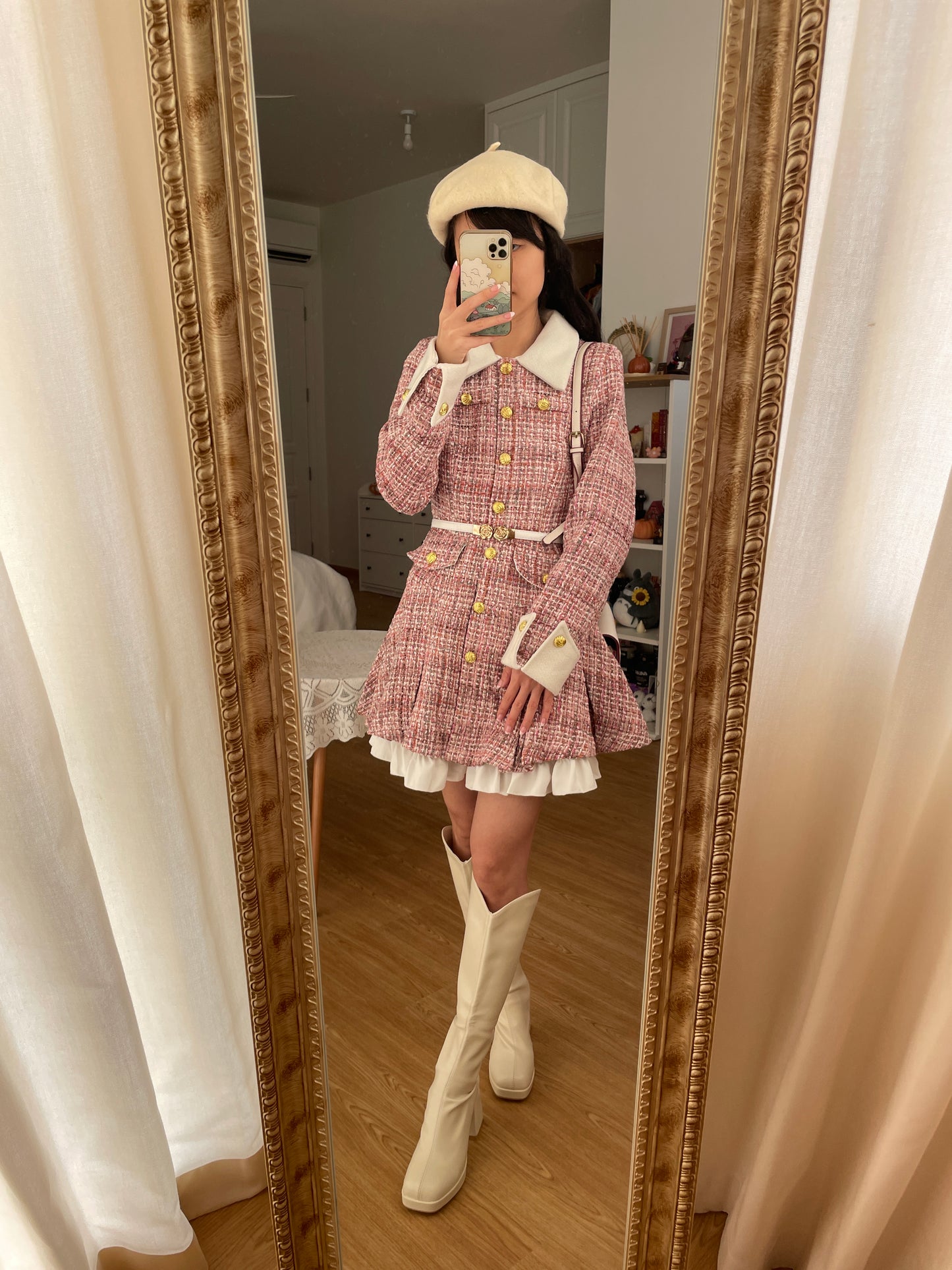 Flirty Plaid Tweed Mini Dress (Pink)