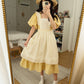 Gingham Cottage Puff Sleeve Midi Dress & Apron Set (Yellow)